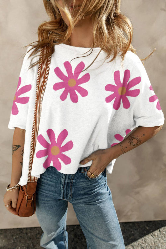 LDC Big Flower Pattern Round Neck Shift Blouse: White / S