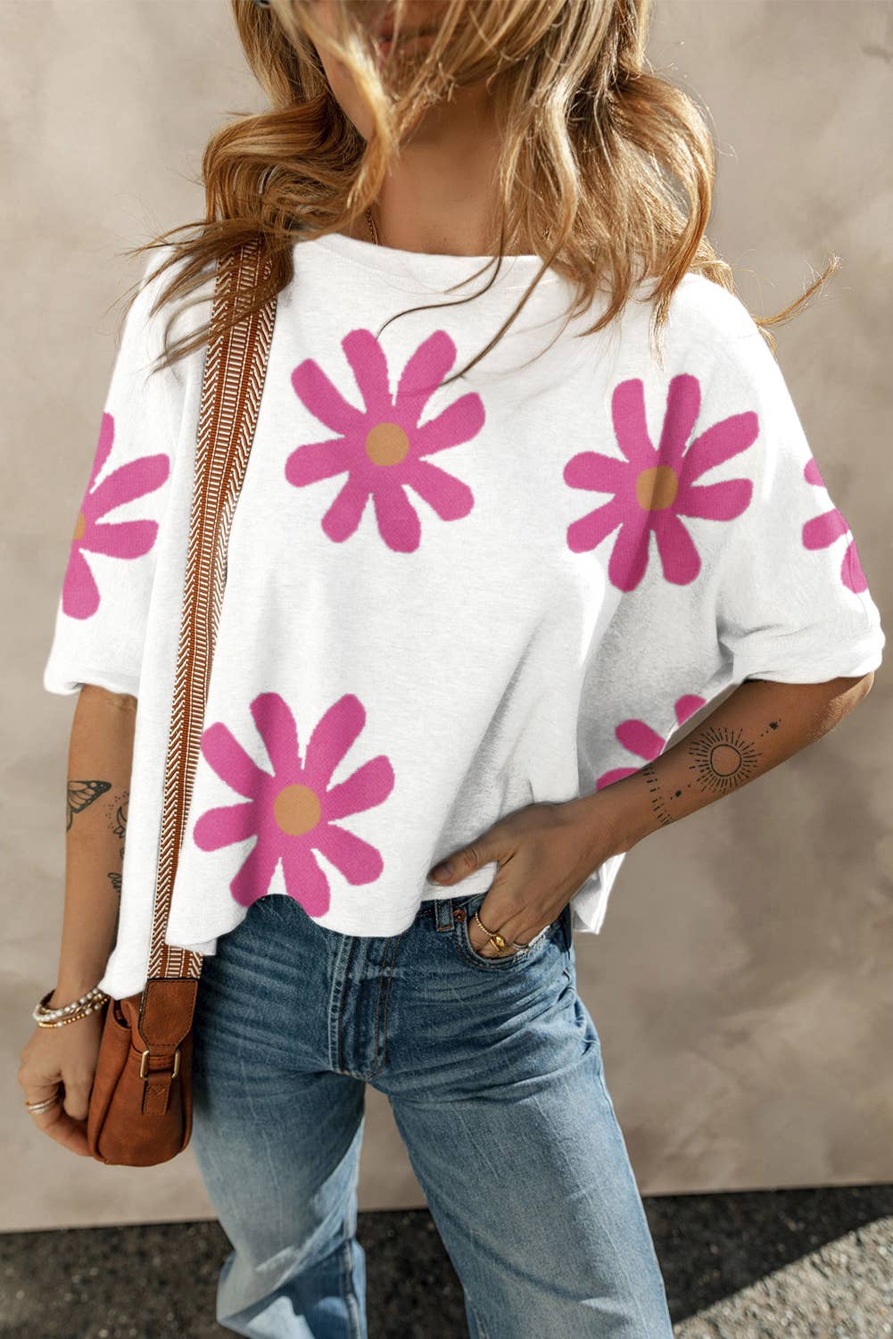 LDC Big Flower Pattern Round Neck Shift Blouse: White / L