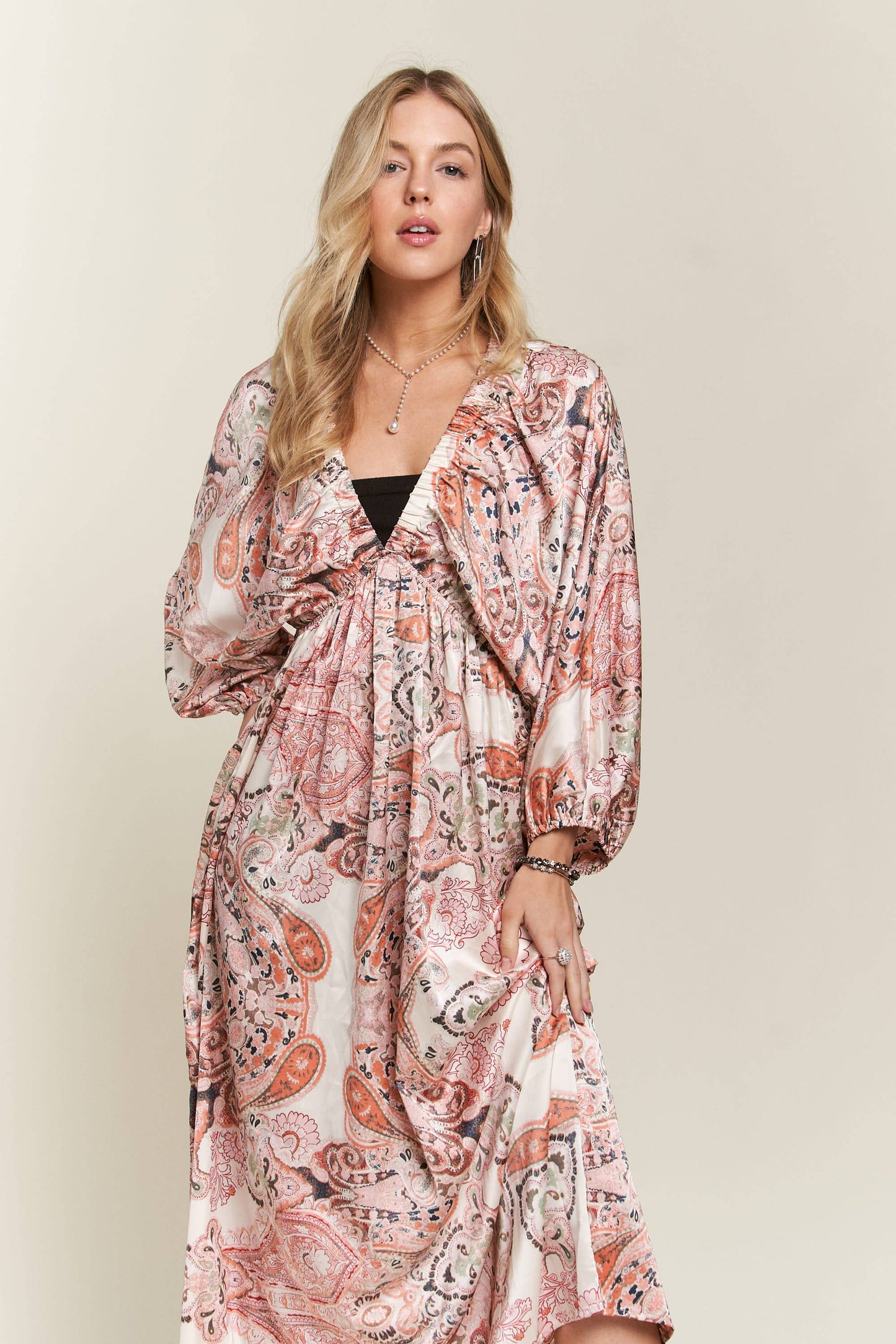 CED3540WN - BATWING SLEEVE BOHO PAISLEY DRESS: OLIVE / M