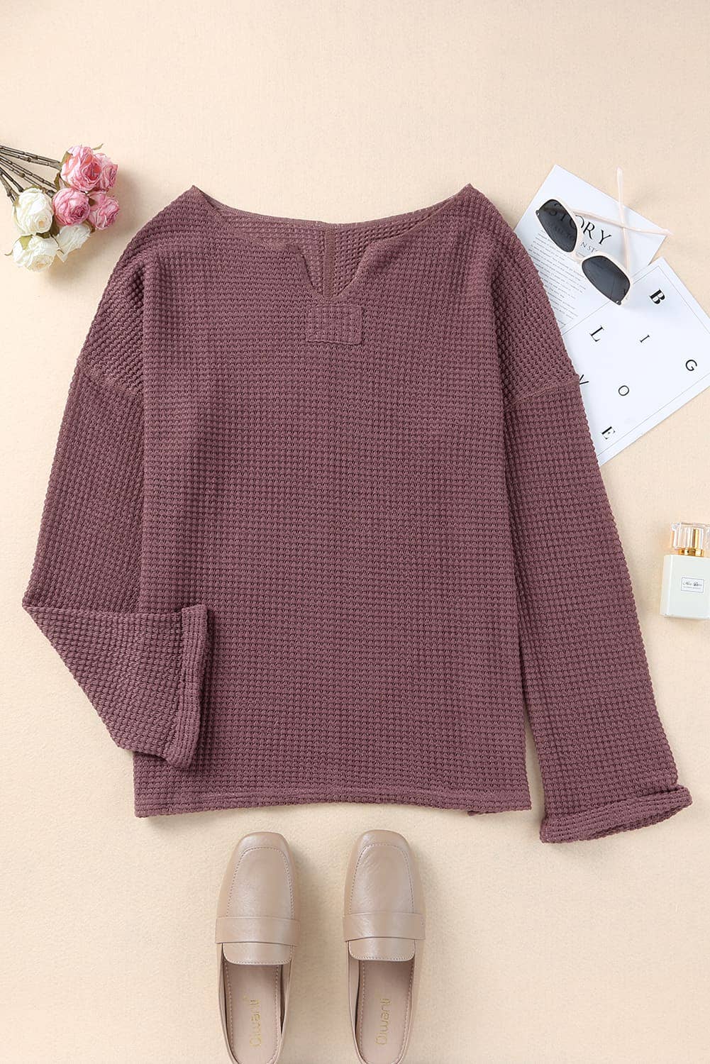 Waffle Wide Long Sleeve Top: Purple / S