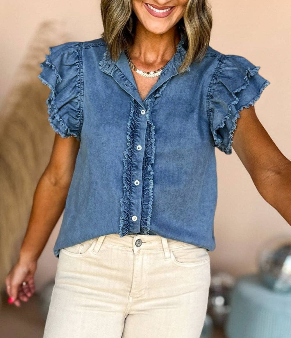 Button Front Ruffled Flutter Frayed Denim Top: Black / XL