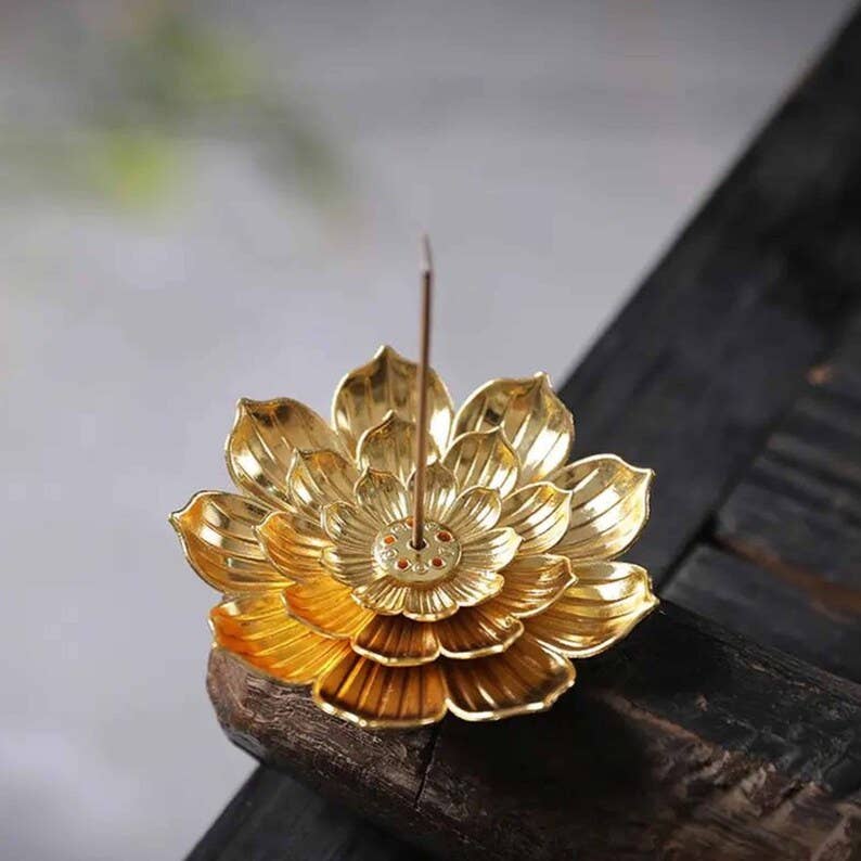 Golden Lotus Incense Holder, Yoga Meditation Decor Accessory