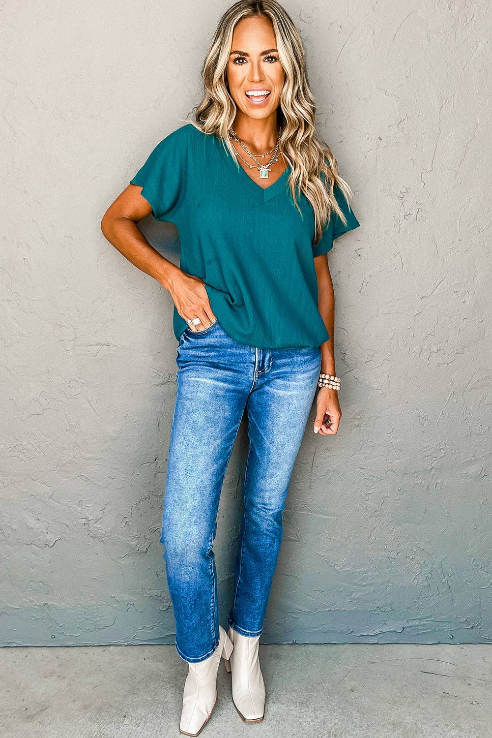 Crinkled Textured Wide Sleeve T Shirt Top: Blue / XXL