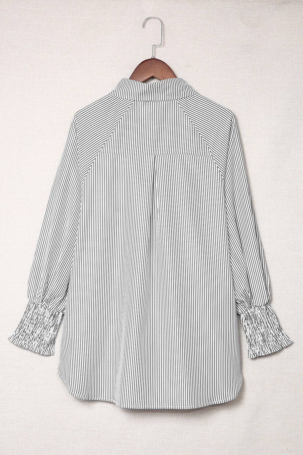 Striped Smocked Sleeve Buttoned Shirt: L / Black