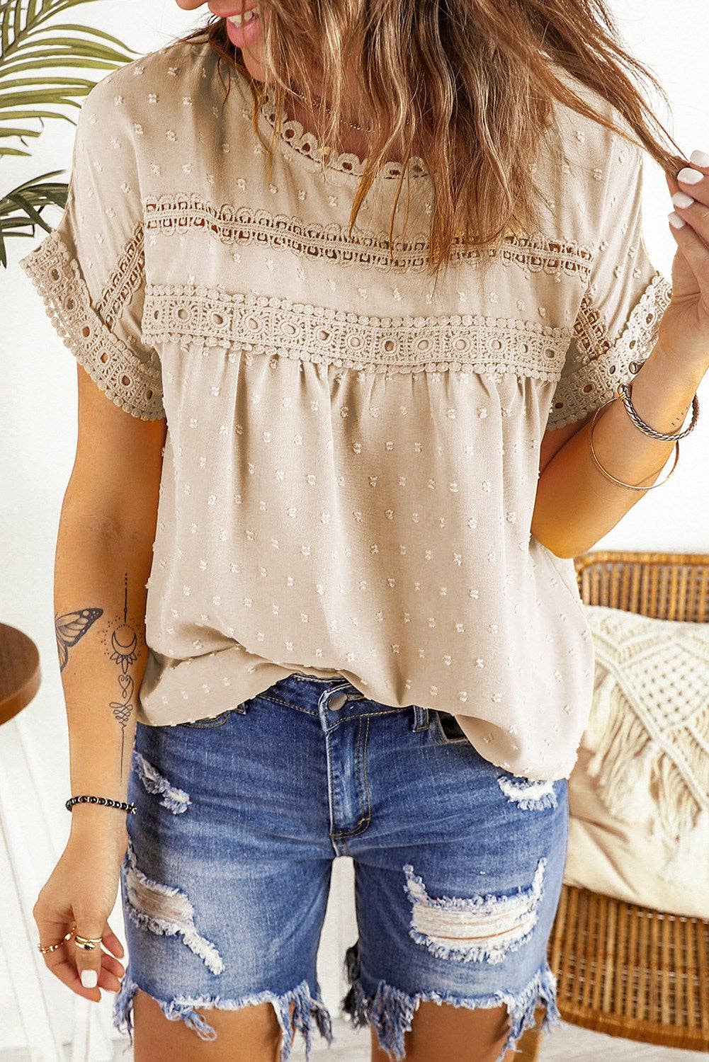 Circle Lace Dotted Top: L / Pink