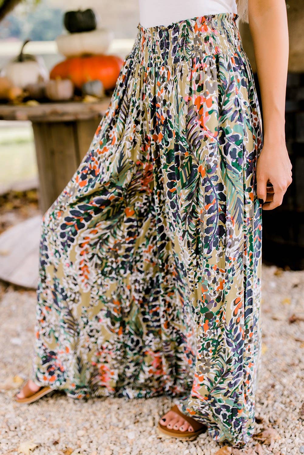 Shirred High Waist Floral Palazzo Wide Leg Pants: L