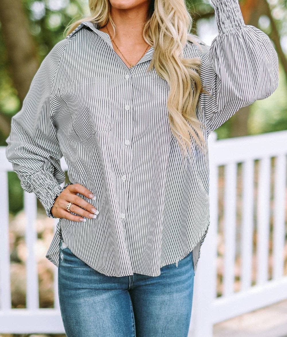 Striped Smocked Sleeve Buttoned Shirt: L / Black