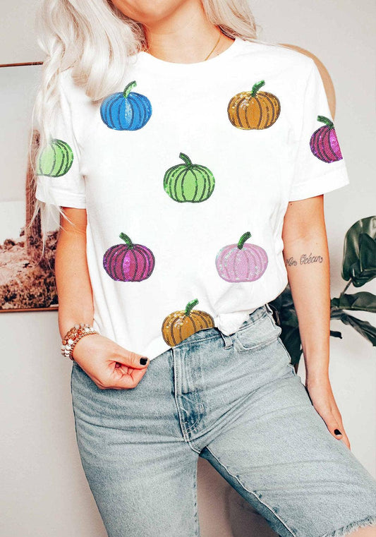 White Sequin Pumpkin Patched Cotton Blend T Shirt: White / 3XL