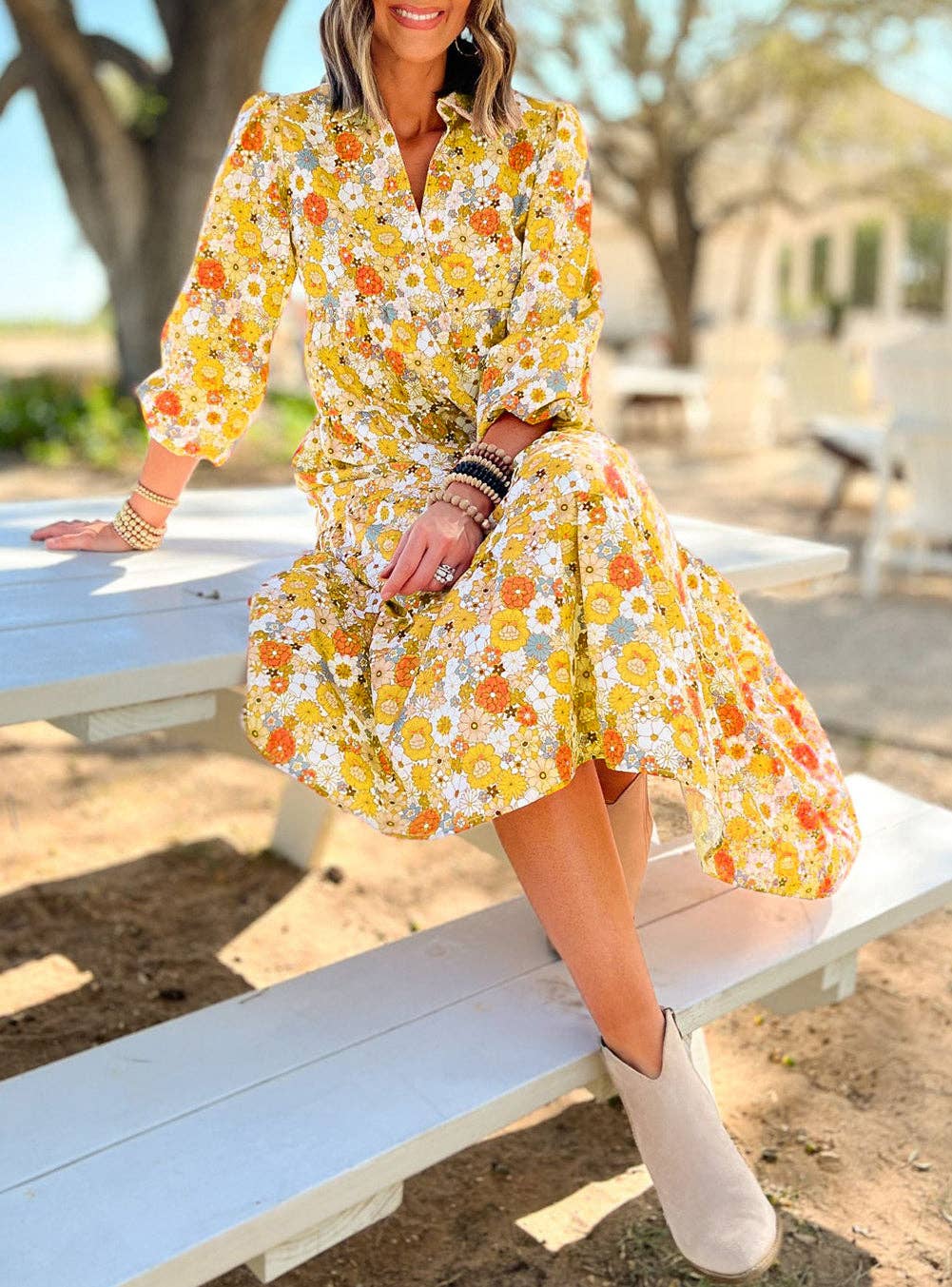 Boho Floral Collared Long Sleeve Ruffled Dress: Orange / L