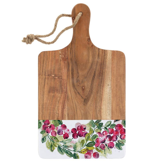 16" Long Cranberry Wreath Mango Wood Cutting Board Christmas