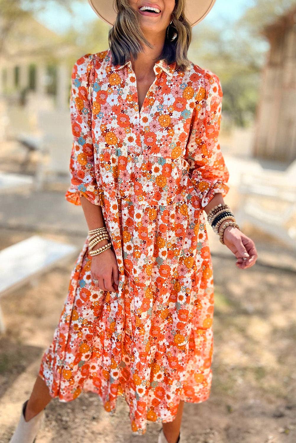 Boho Floral Collared Long Sleeve Ruffled Dress: Orange / L