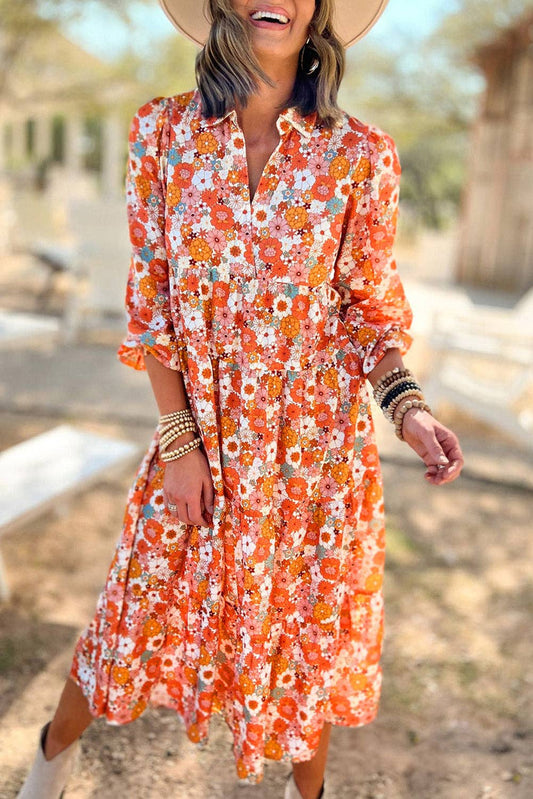 Boho Floral Collared Long Sleeve Ruffled Dress: Orange / M