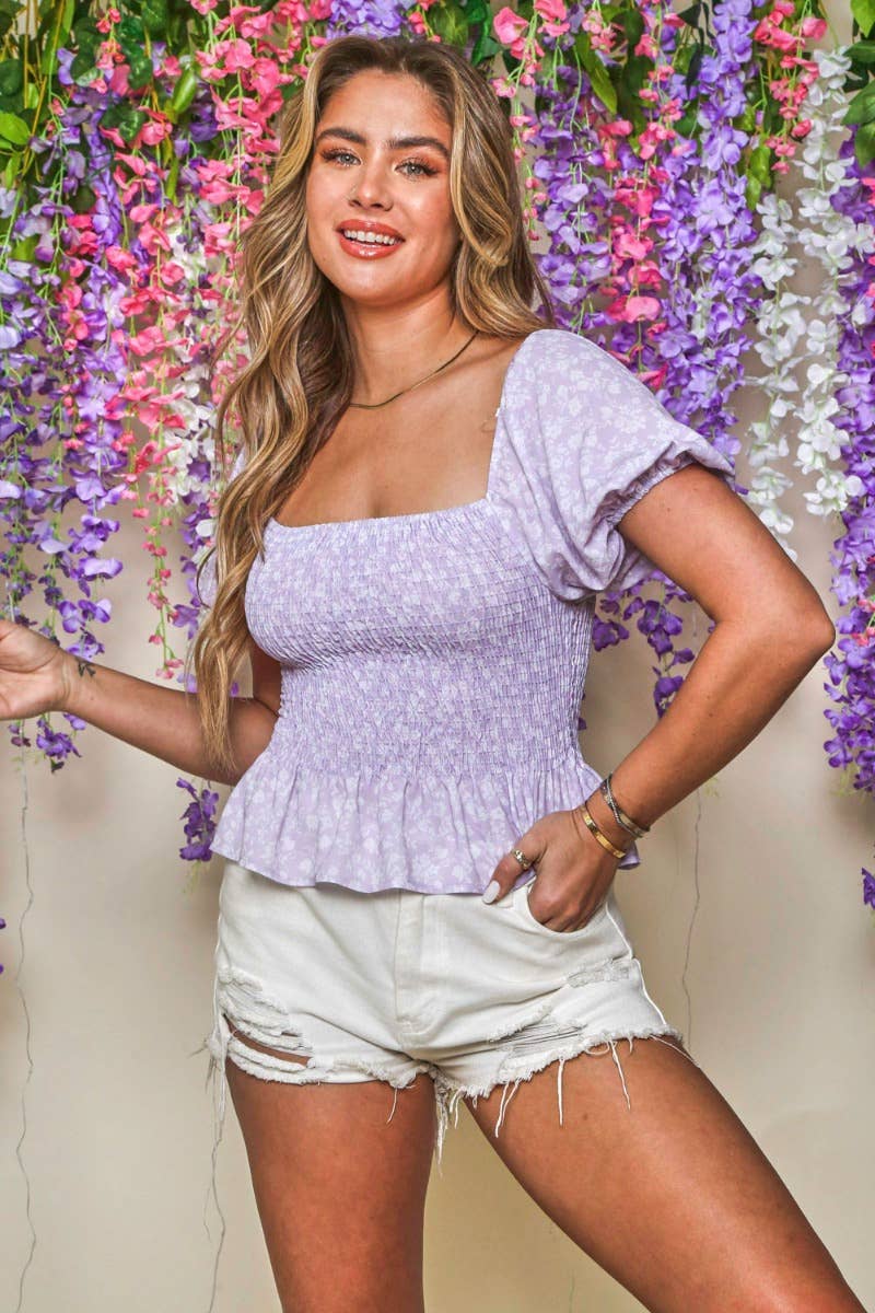 Floral Print Peplum Top: LAVENDER/IVORY / M