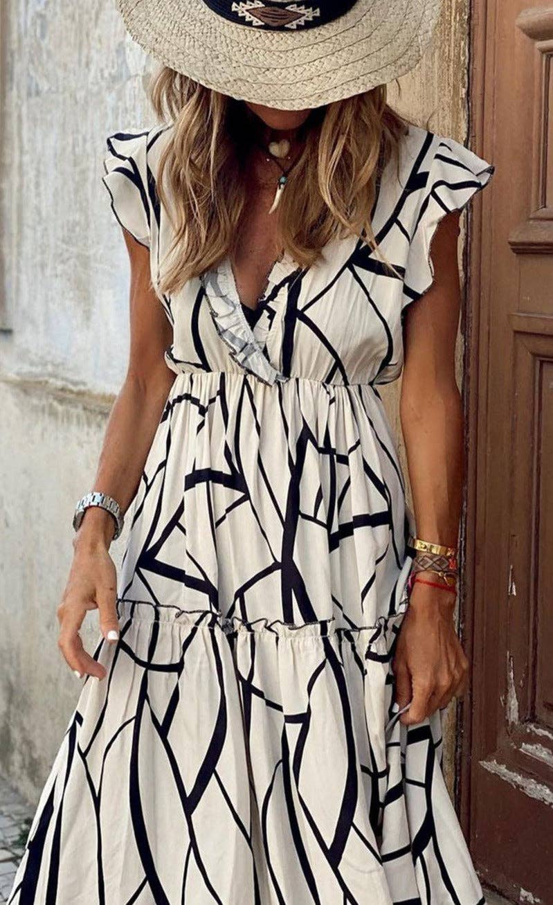 Abstract V Neck Ruffle Maxi Dress: White