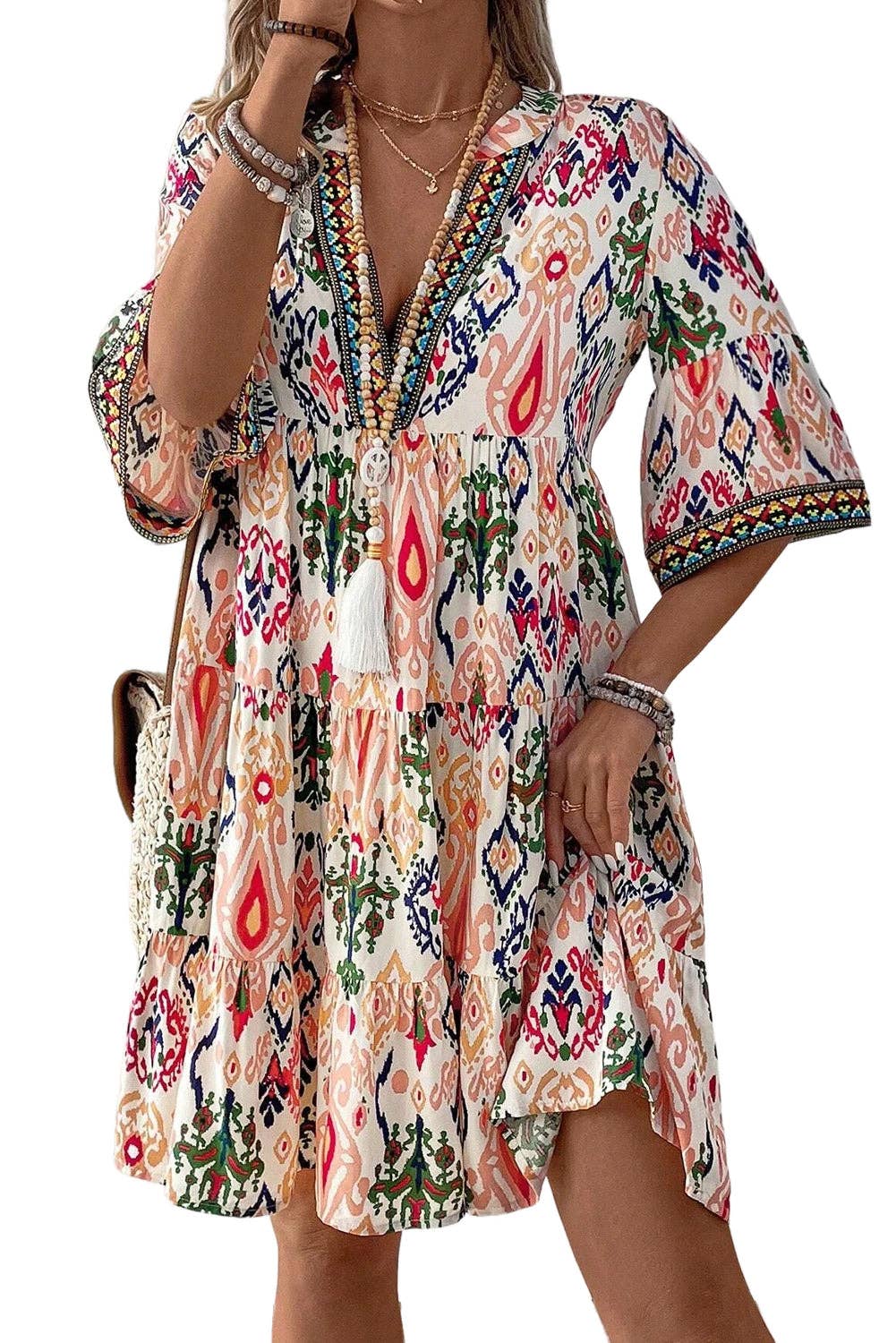 Boho V-Neck 3/4 Sleeve Mini Dress: Multicolour / L