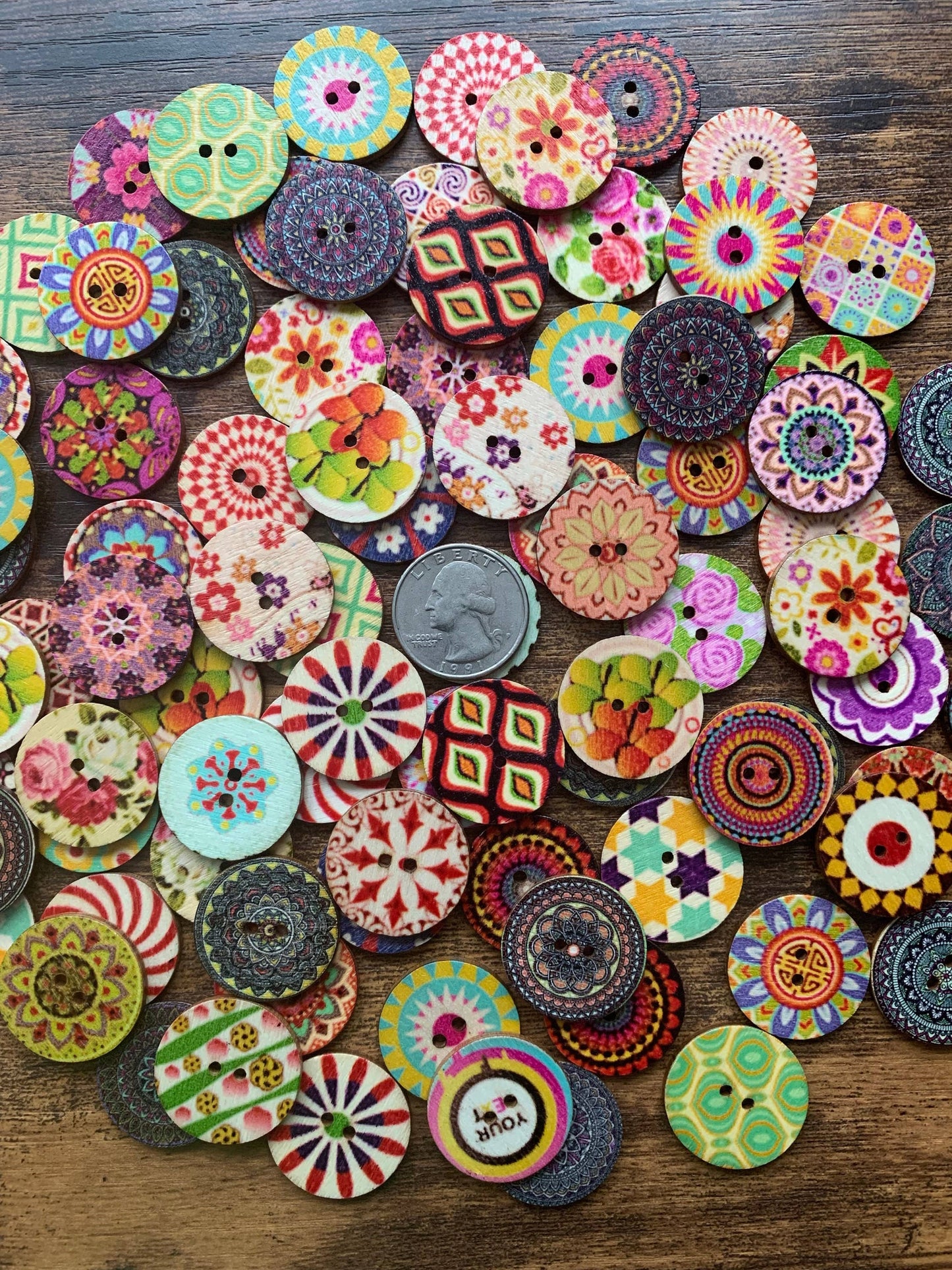 Colorful, Wooden Buttons 1 Inch Size / Craft Supplies, Sewin: 50 Buttons