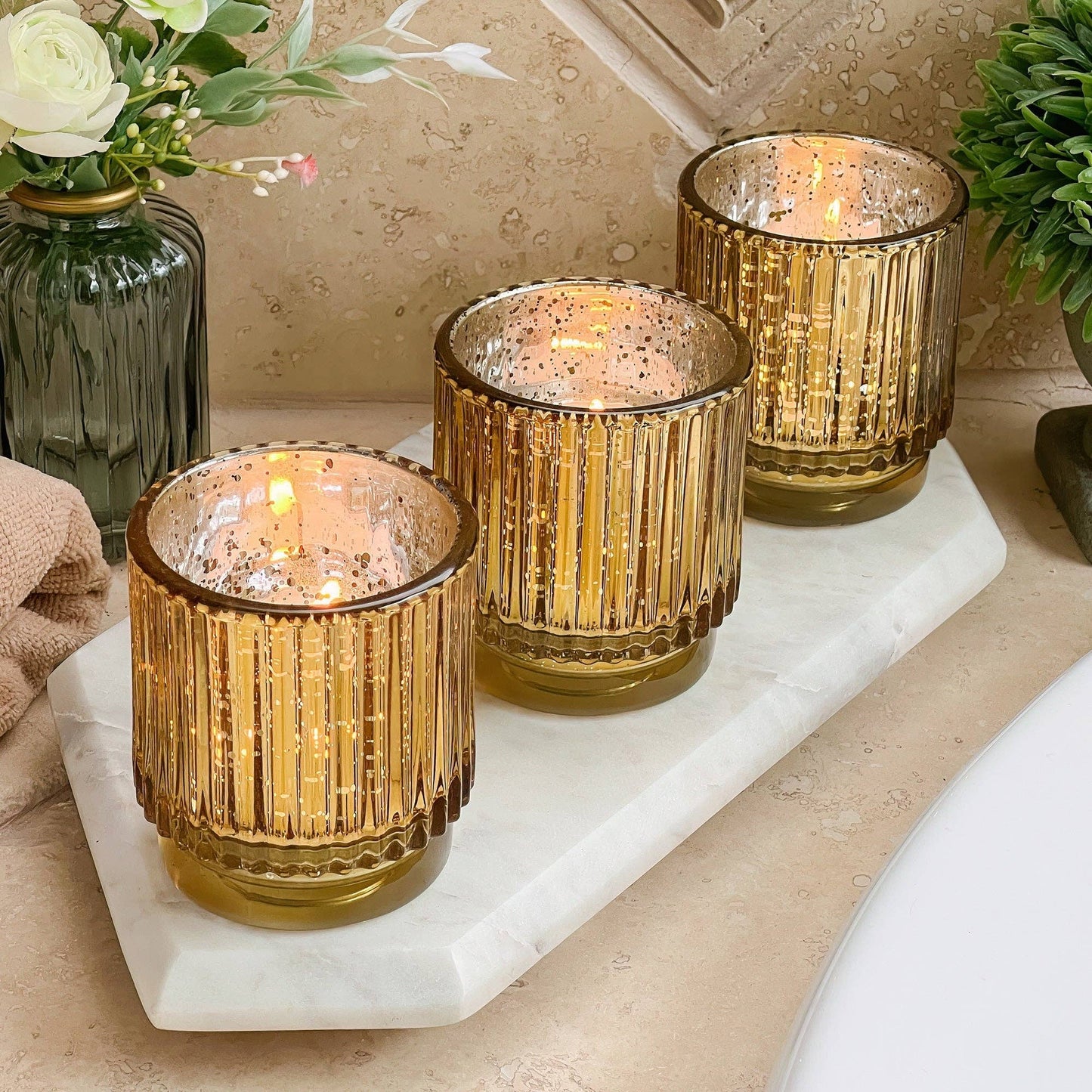 Ribbed Gold Glass Votive Candle Holder (Set of 6)