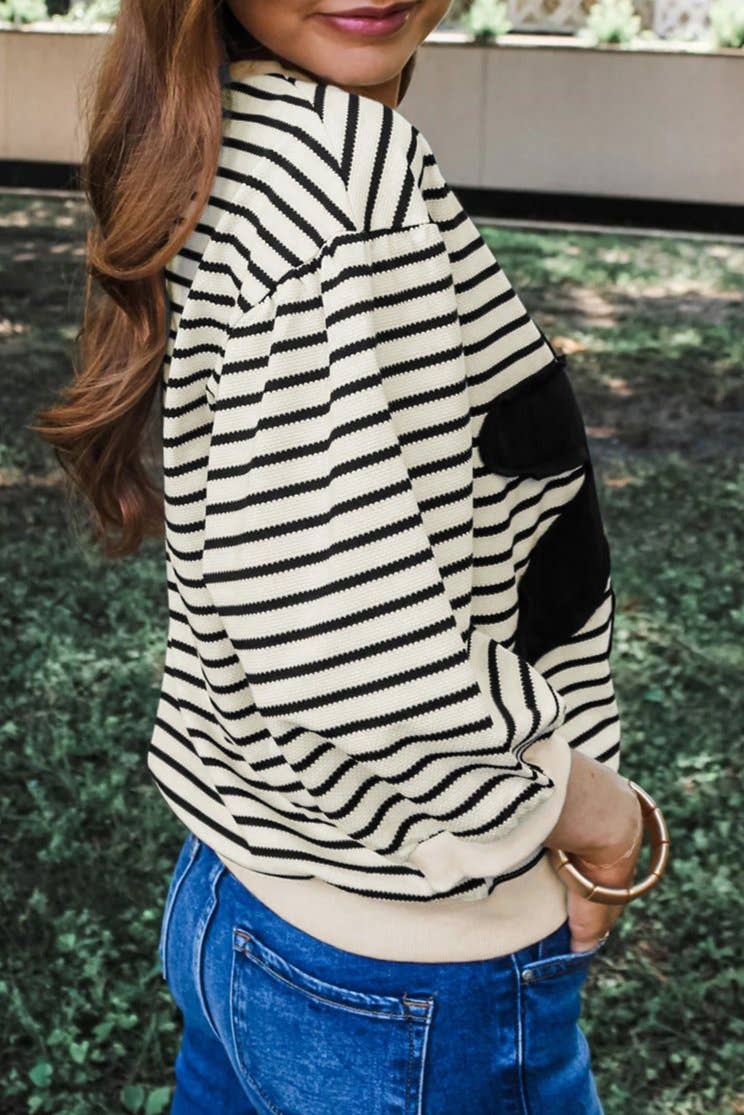 Stripe Floral Patched 3/4 Sleeve Top: Black white / S