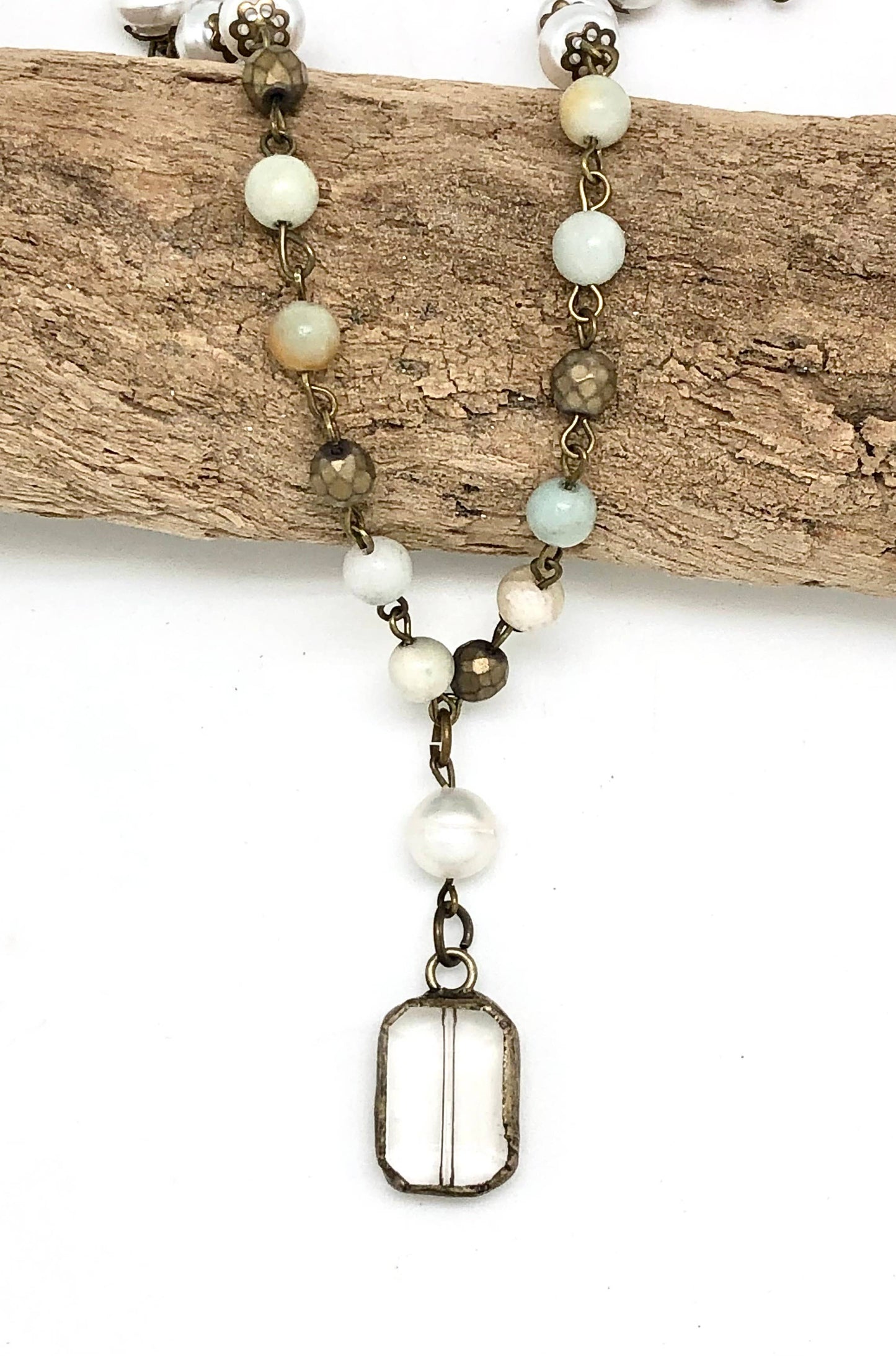 Necklace Amazonite 6mm Antique Gold w/Tear Drop  23”/2” ext