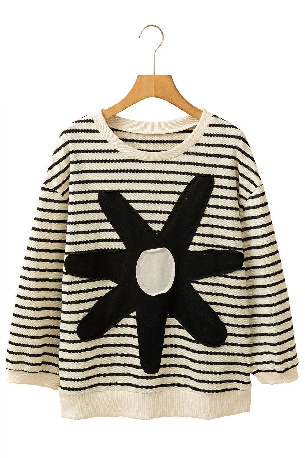 Stripe Floral Patched 3/4 Sleeve Top: Black white / S