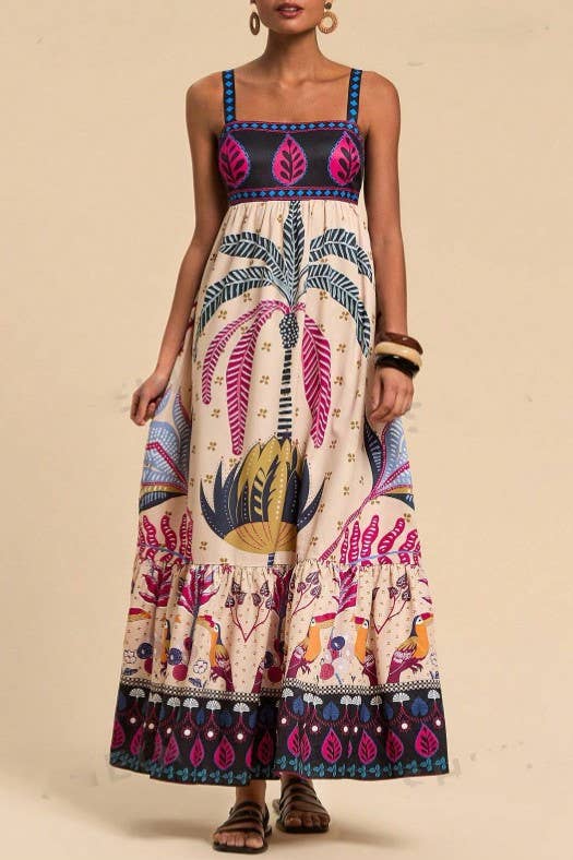 2025 SUMMER Bohemia Tropical totem print strappy flare dress: Palm / S