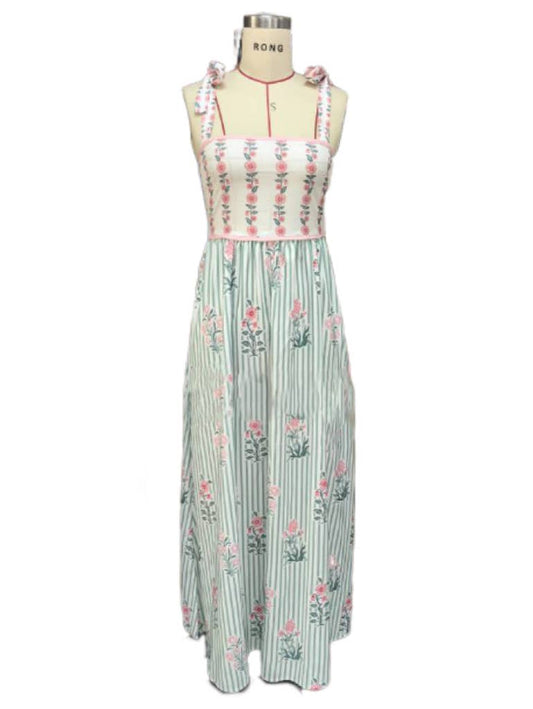 2025 Hanakotoba Floral flare swing dress w bow tie straps: Green / L