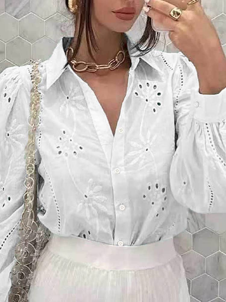 Eyelet Puff Long Sleeves V-neck Shirt DY248: White / L