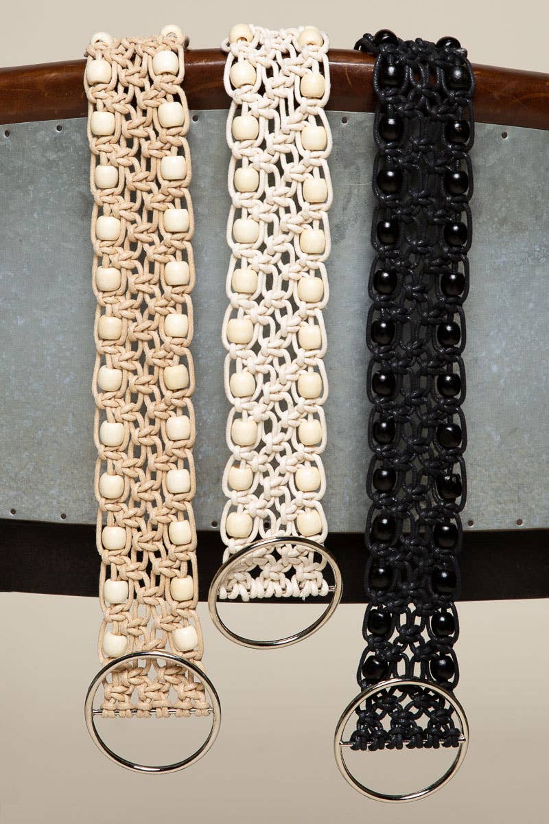 Leatherette beaded pattern detail 'O' ring adjustable belt: BEIGE / OS