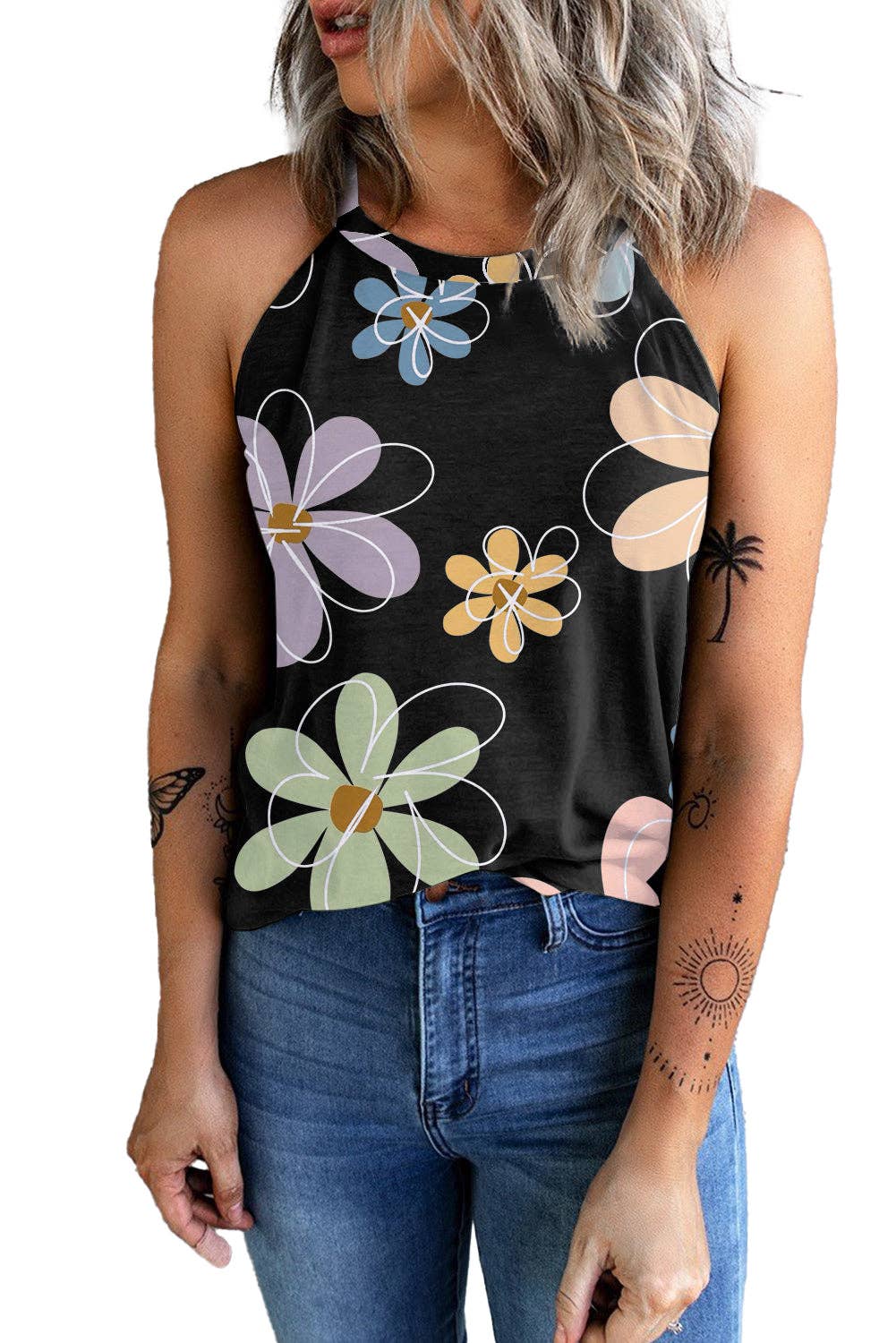 Floral Round Neck Tank Top: Beige / S