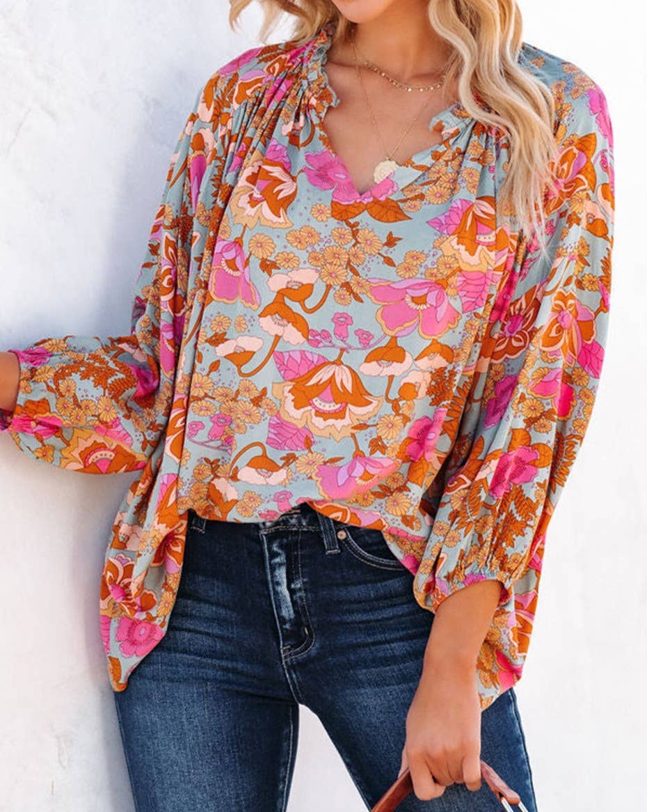 Floral Ruched Split V-Neck Blouse