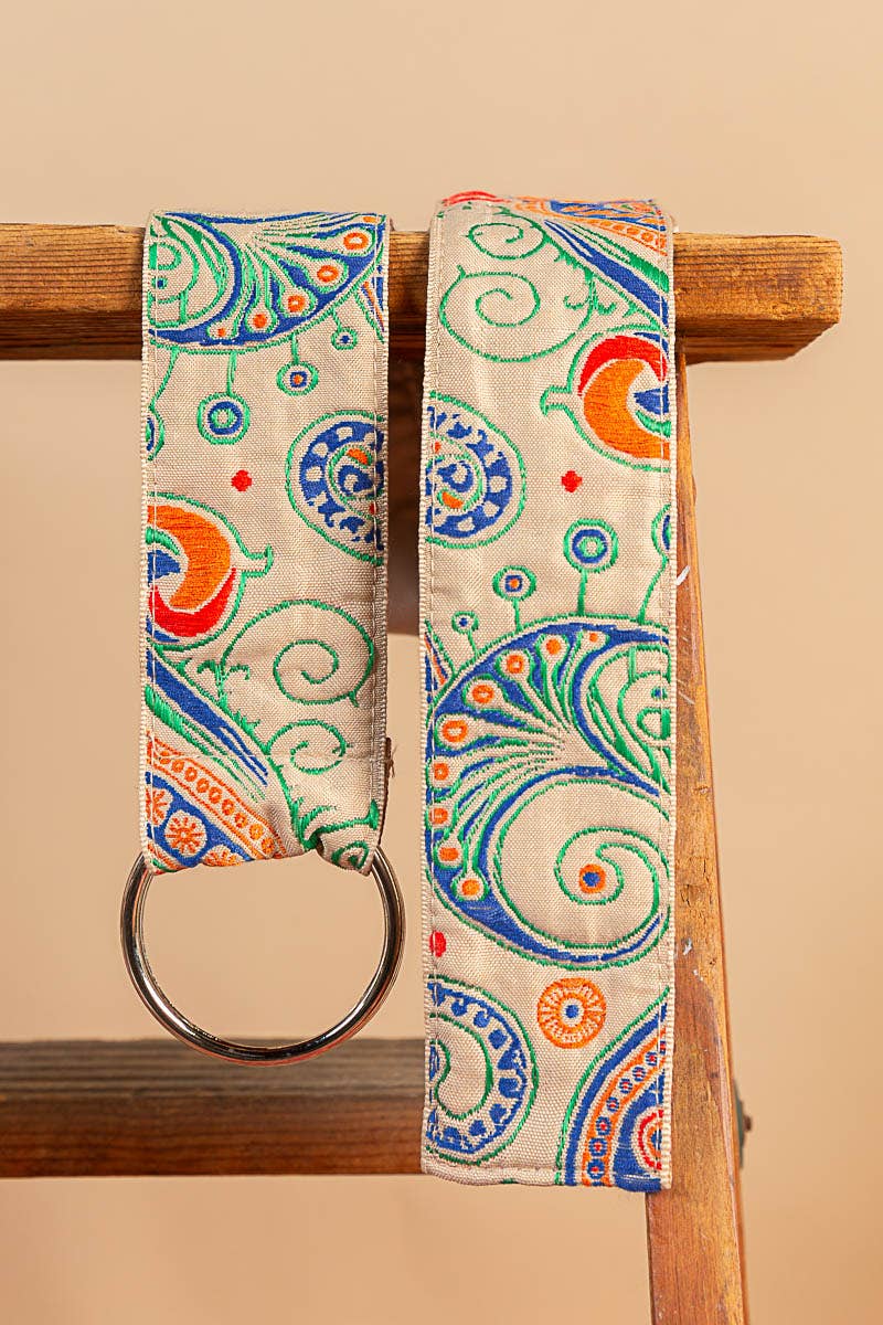 Embroidered patterns ring tie cloth belt: OS / NATURAL/BLUE