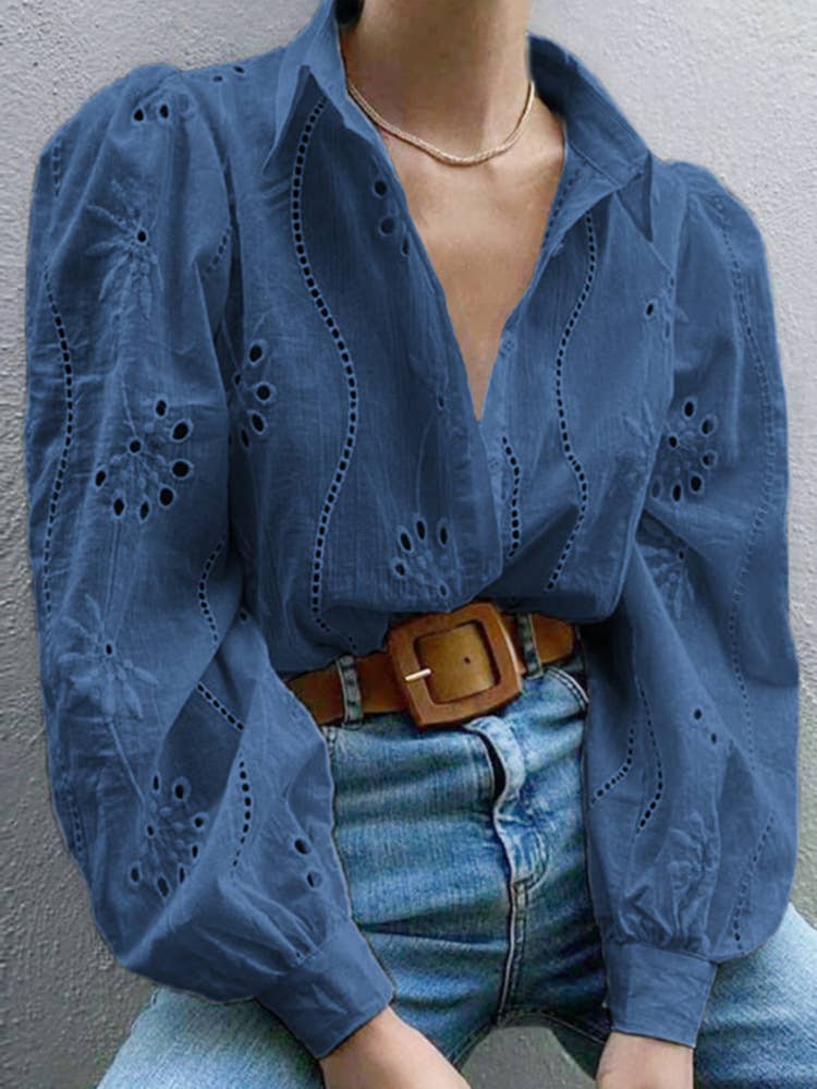 Eyelet Puff Long Sleeves V-neck Shirt DY248: Blue / M