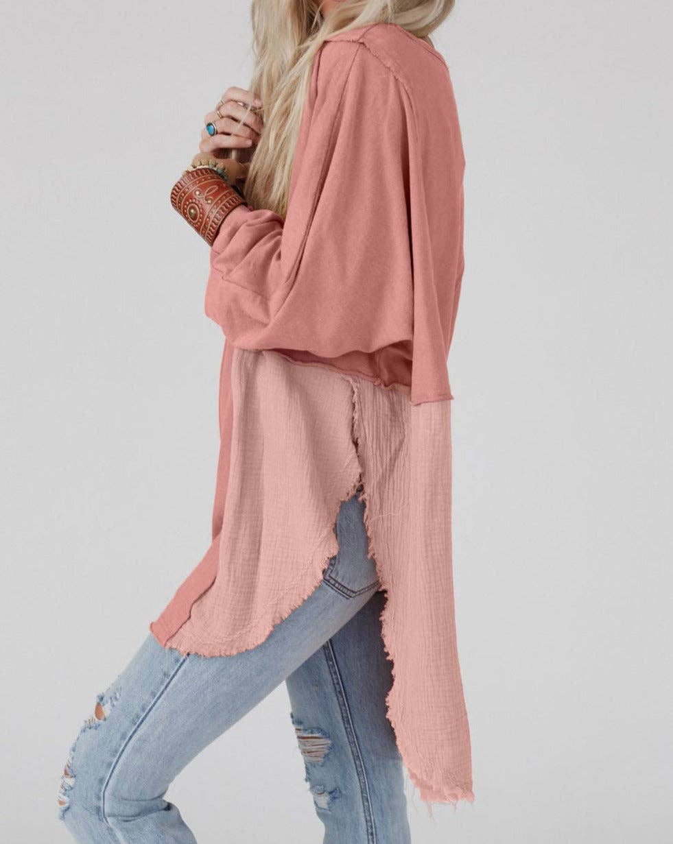 Crinkle Patchwork Raw Edge Blouse: Orange / 80%Polyester+20%Cotton / L