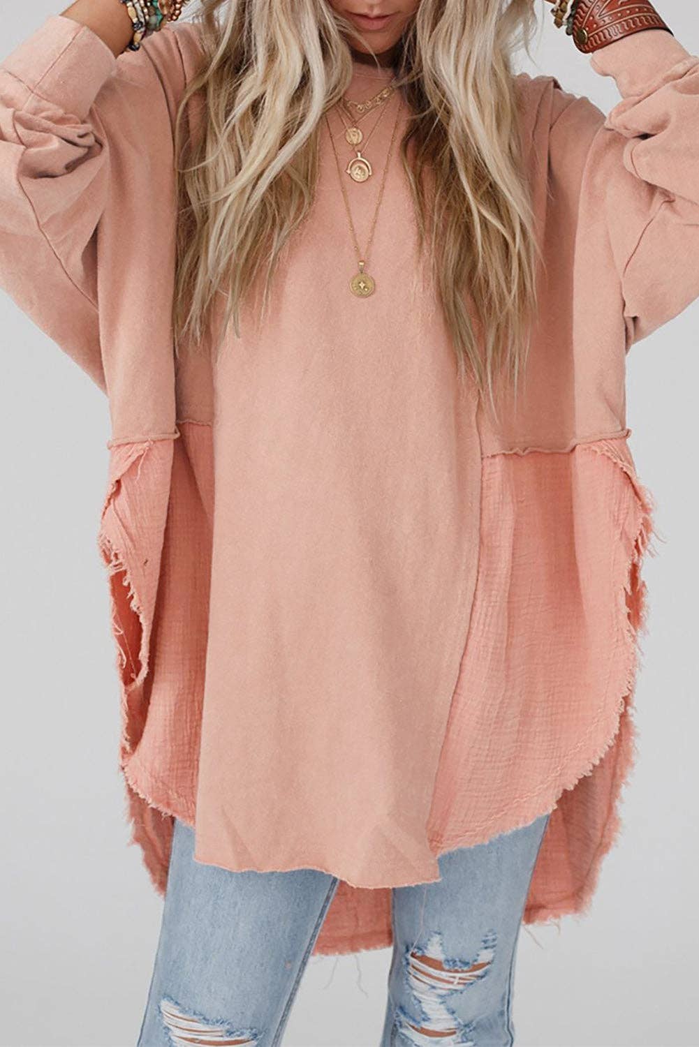 Crinkle Patchwork Raw Edge Blouse: Orange / 80%Polyester+20%Cotton / L