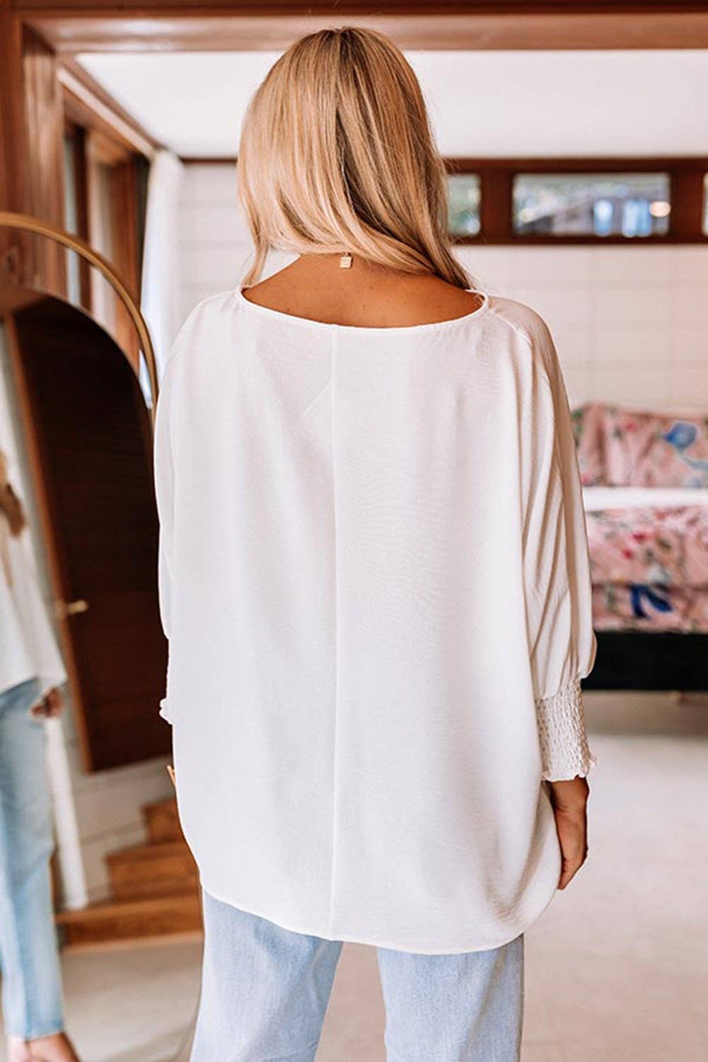 Relaxed Smocked Sleeve Top: White / M