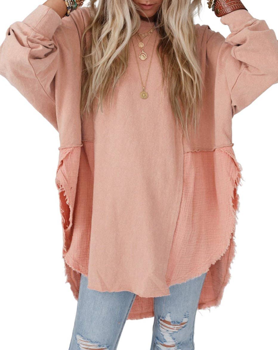 Crinkle Patchwork Raw Edge Blouse: Orange / 80%Polyester+20%Cotton / L