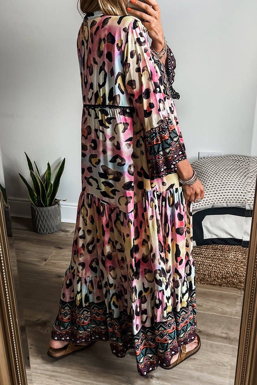 Leopard 3/4 Sleeve Tiered Maxi Dress: Pink / L