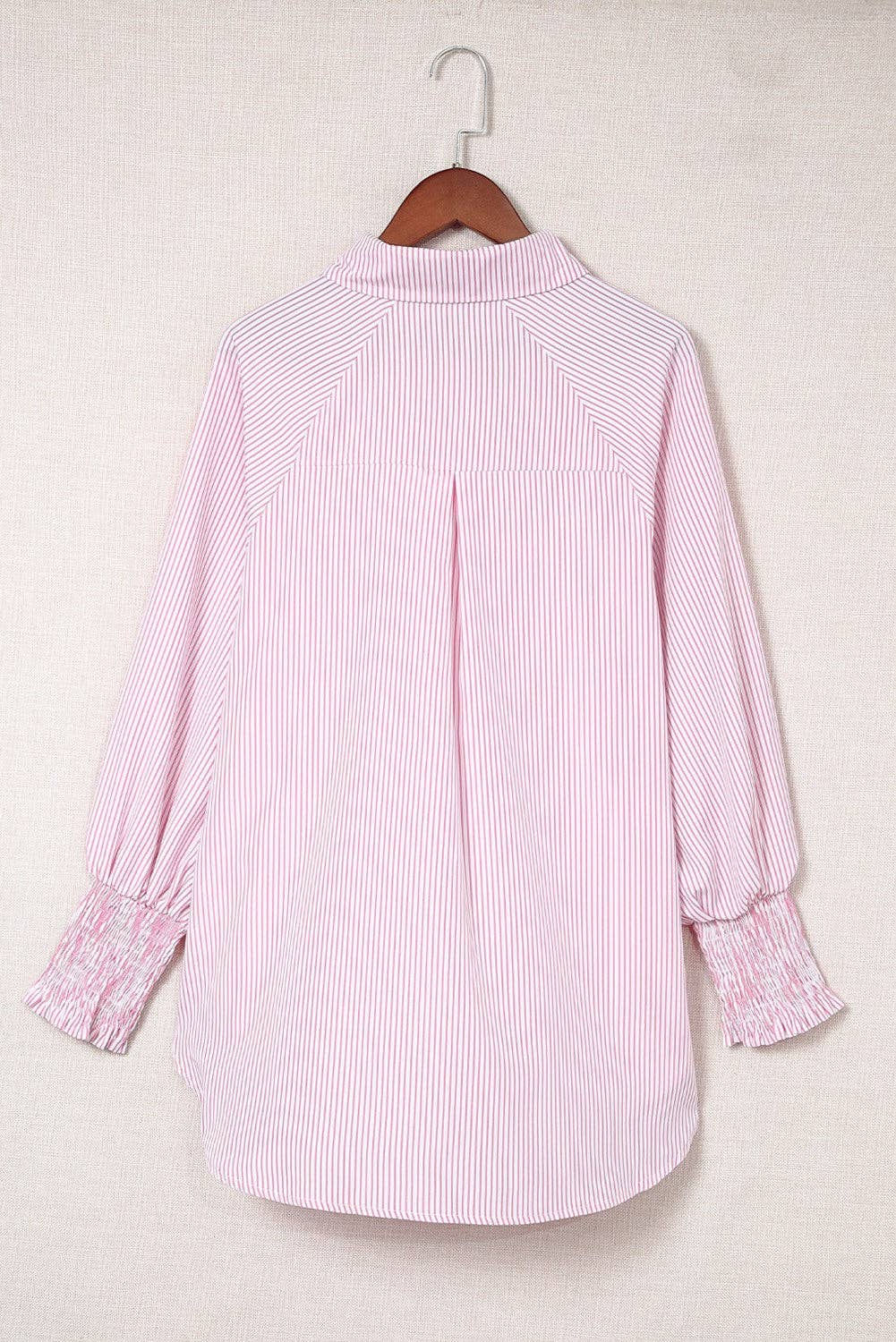 Striped Smocked Sleeve Buttoned Shirt: L / Black