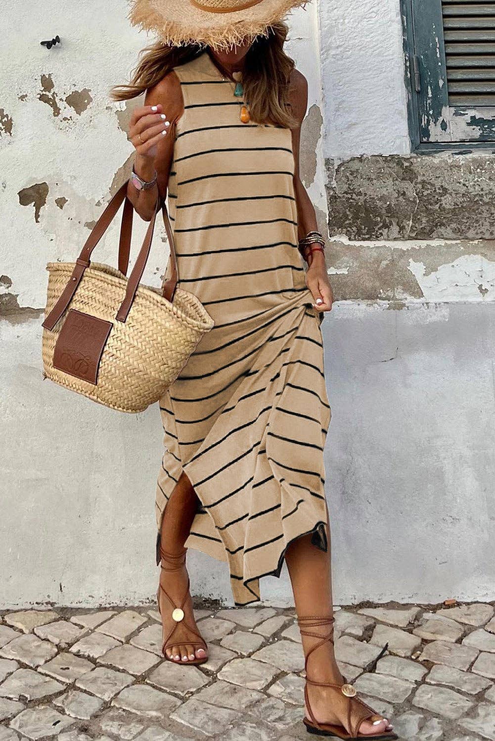 Sleeveless Striped Maxi Dress: L / Black