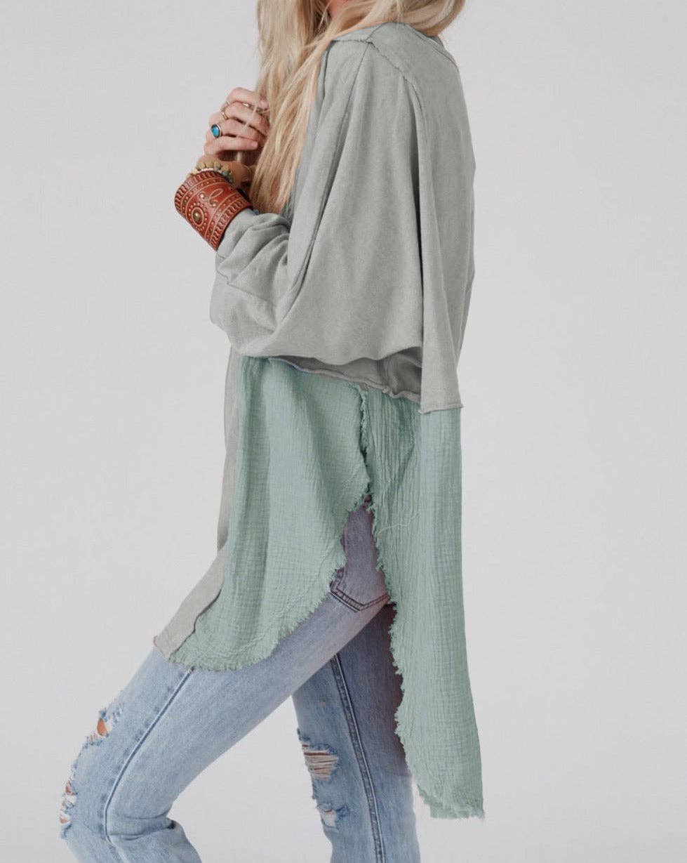 Crinkle Patchwork Raw Edge Blouse: Orange / 80%Polyester+20%Cotton / L