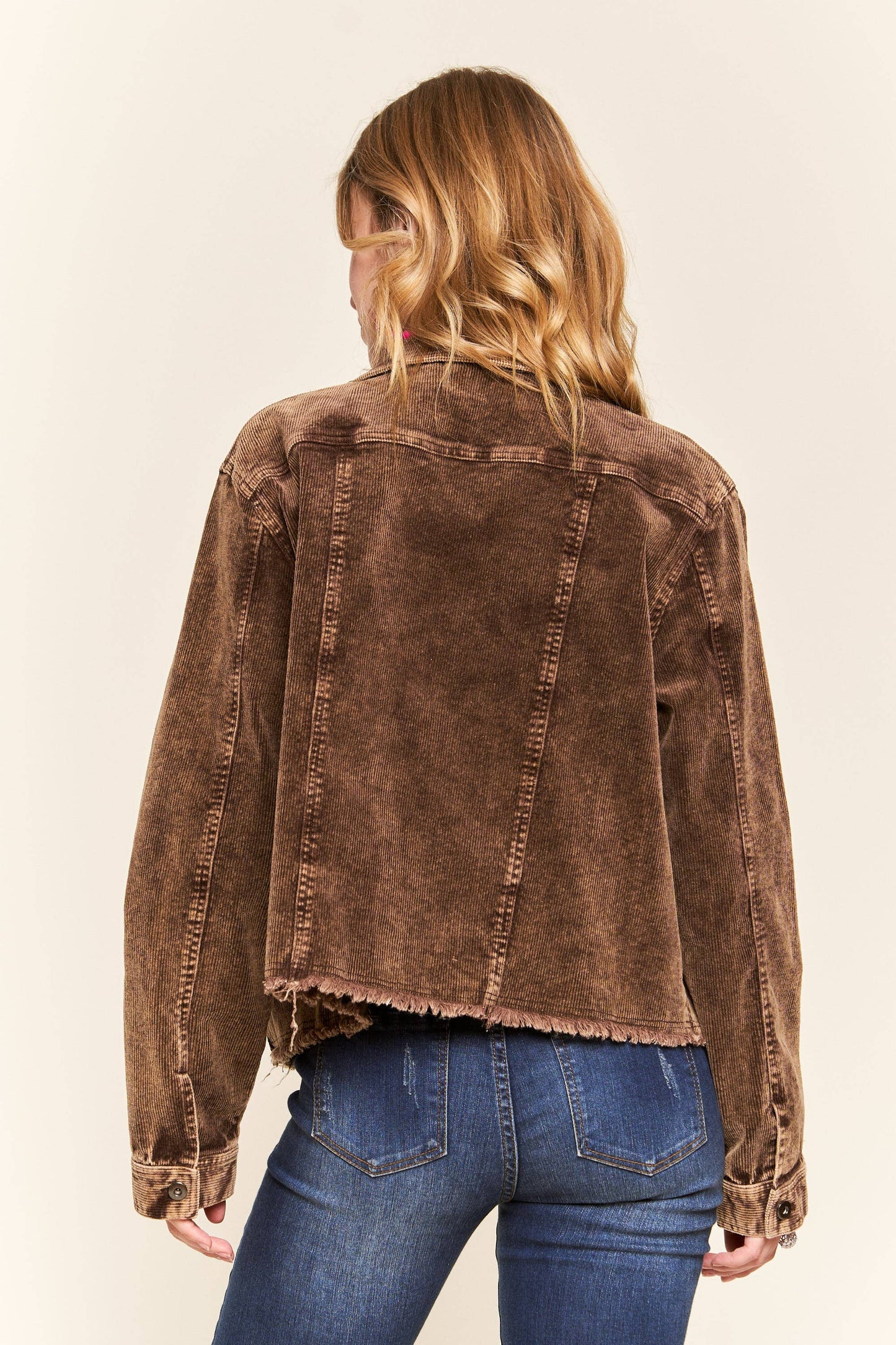 CEJ3662WN - FRAYED HEM CORDUROY JACKET: BURGUNDY / L