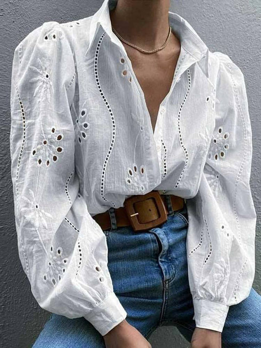 Eyelet Puff Long Sleeves V-neck Shirt DY248: White / L