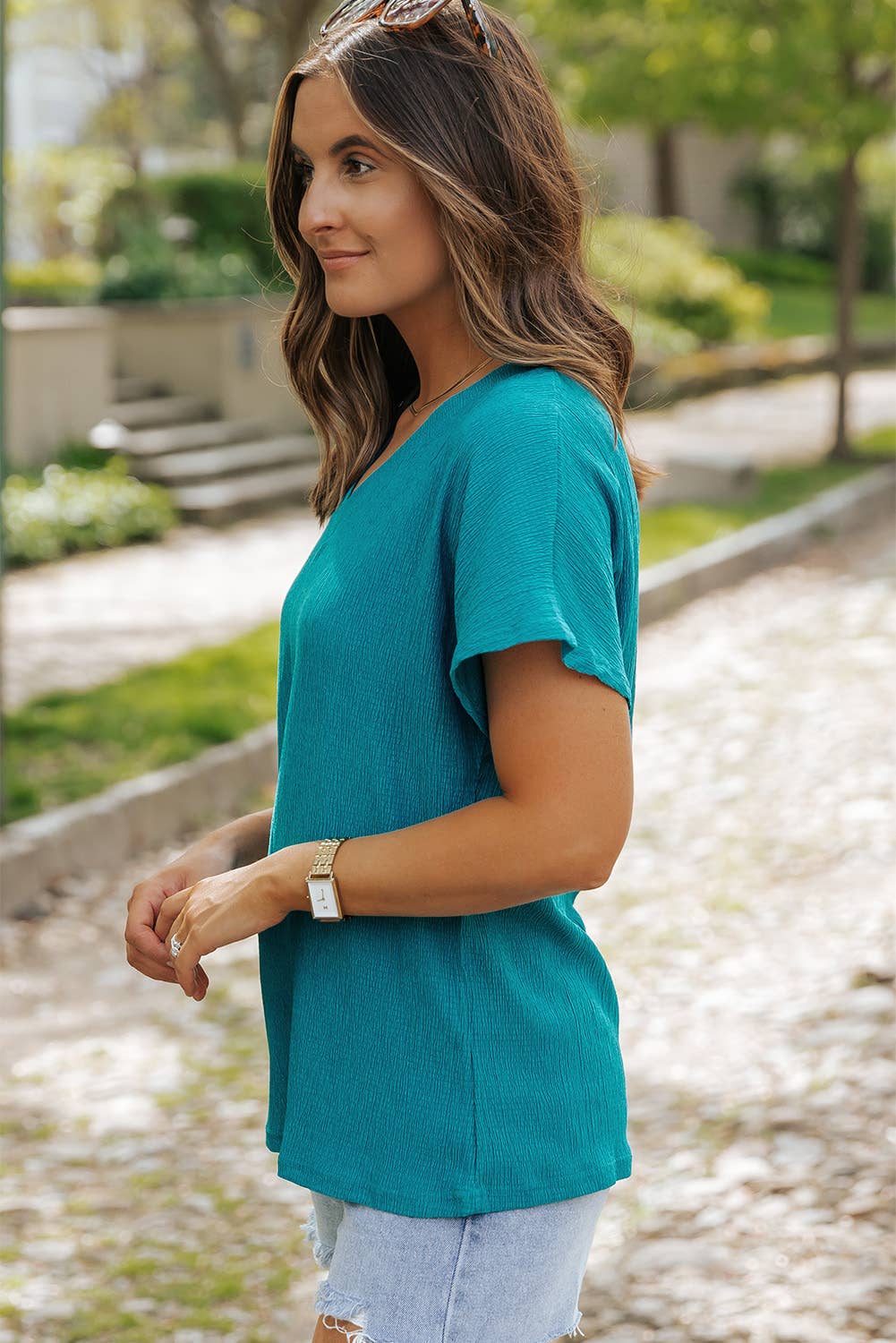 Crinkled Textured Wide Sleeve T Shirt Top: Blue / XXL