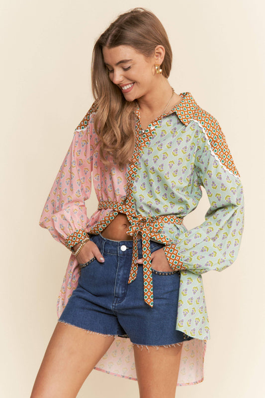 Floral Pattern Multi Color Tunic Blouse  S-L: Jade Pink / M