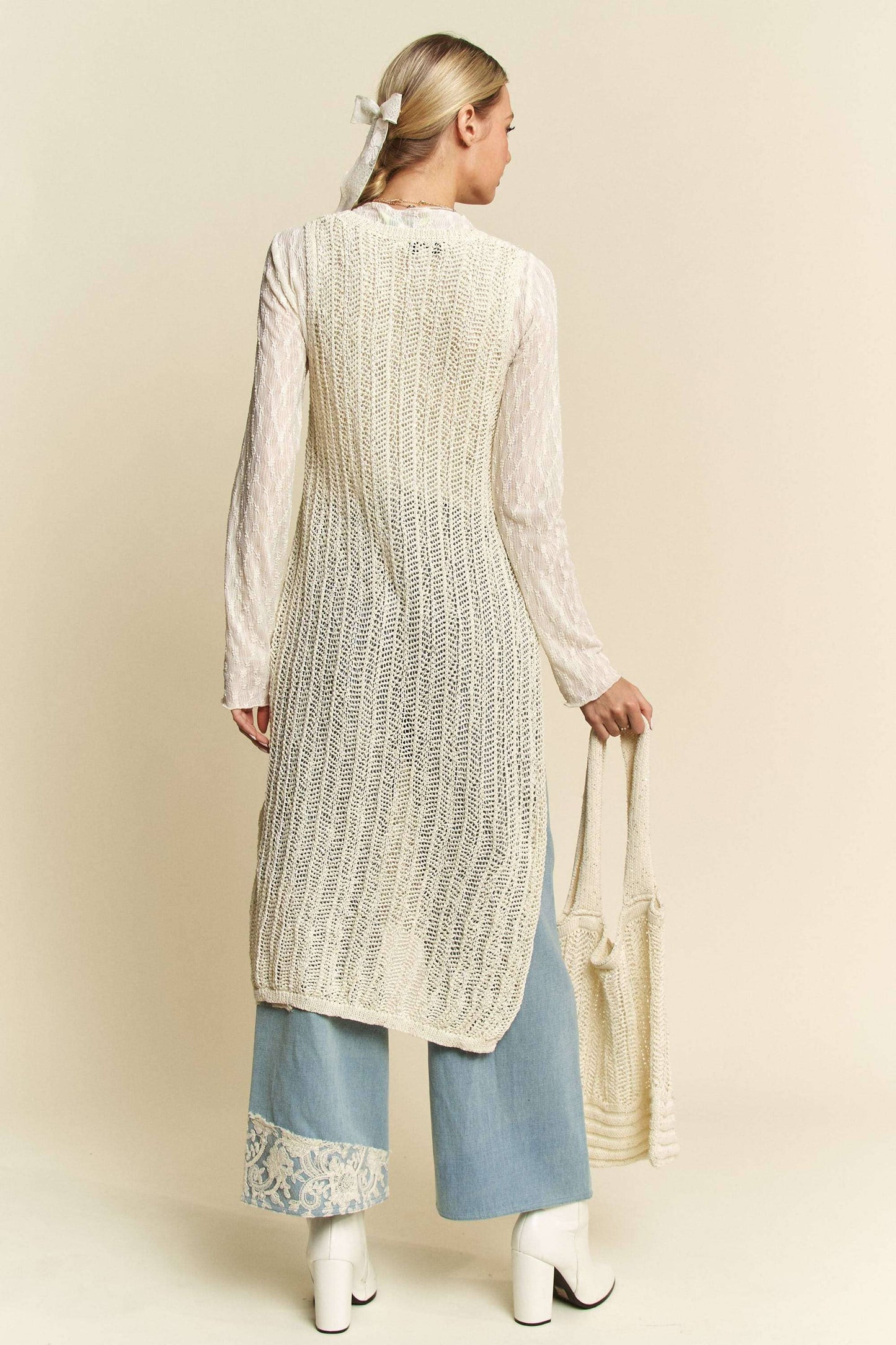 KNIT SIDE SLIT ROUND NECK SLEEVE LESS DRESS & BAG: Beige / L