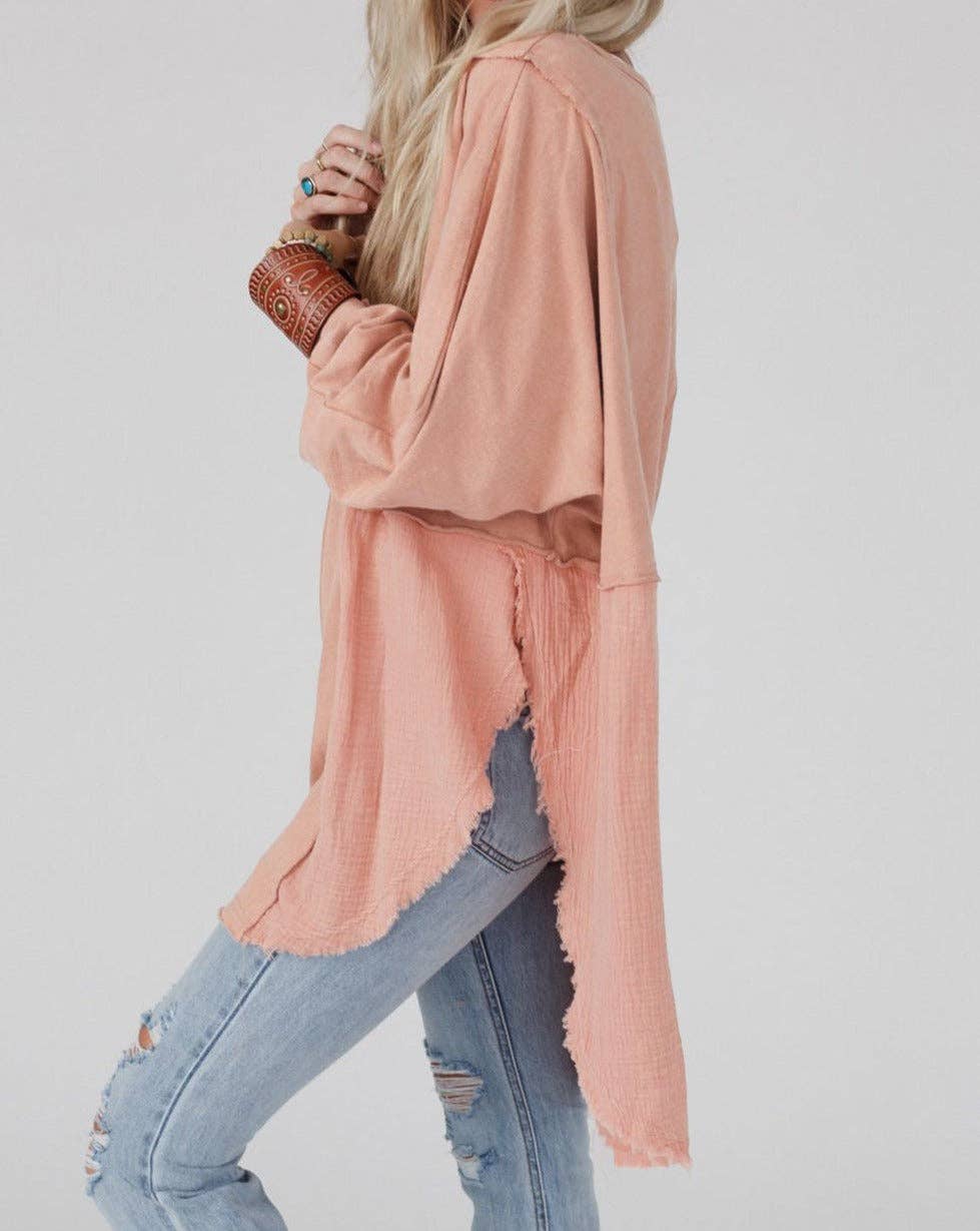 Crinkle Patchwork Raw Edge Blouse: Orange / 80%Polyester+20%Cotton / L