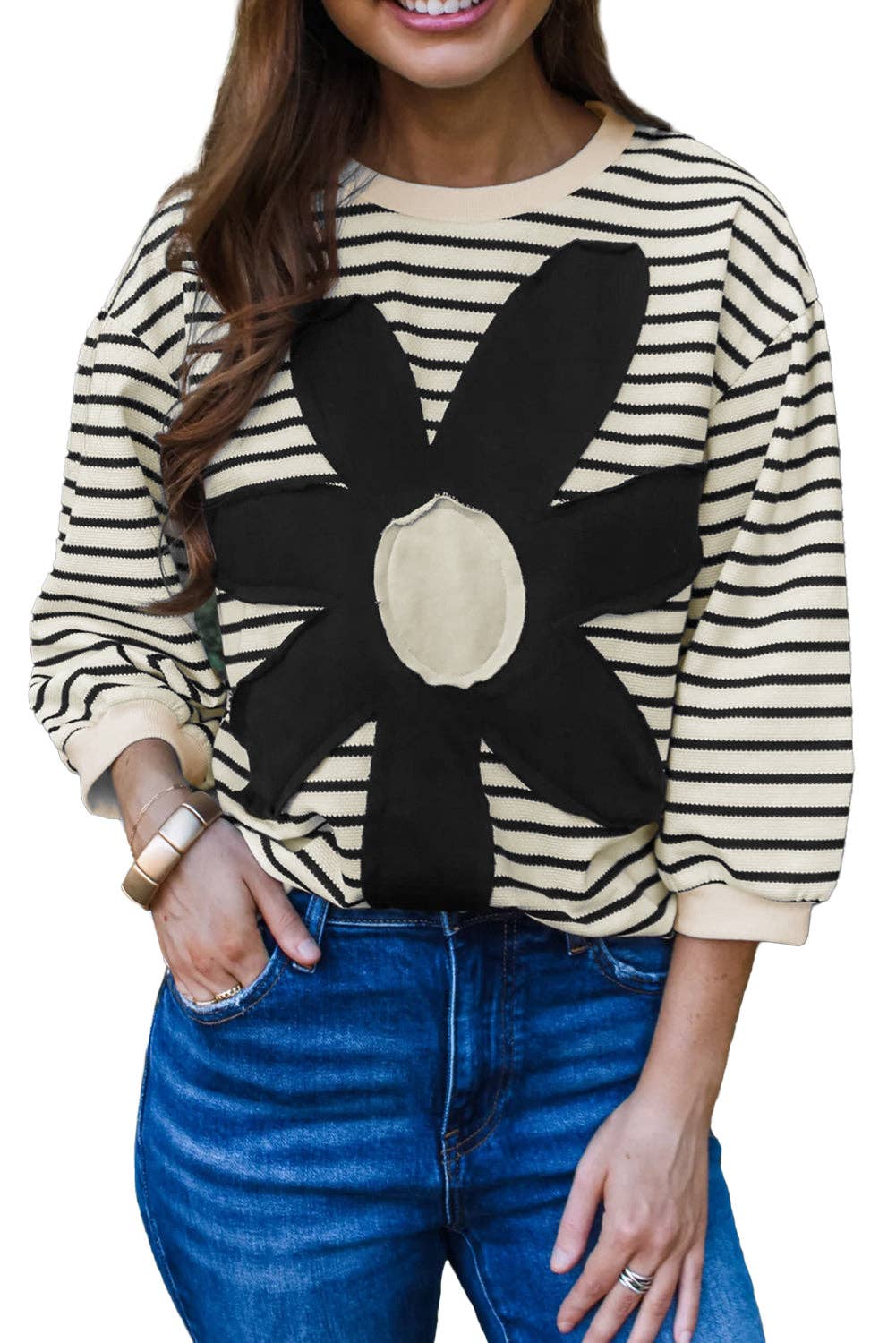 Stripe Floral Patched 3/4 Sleeve Top: Black white / S