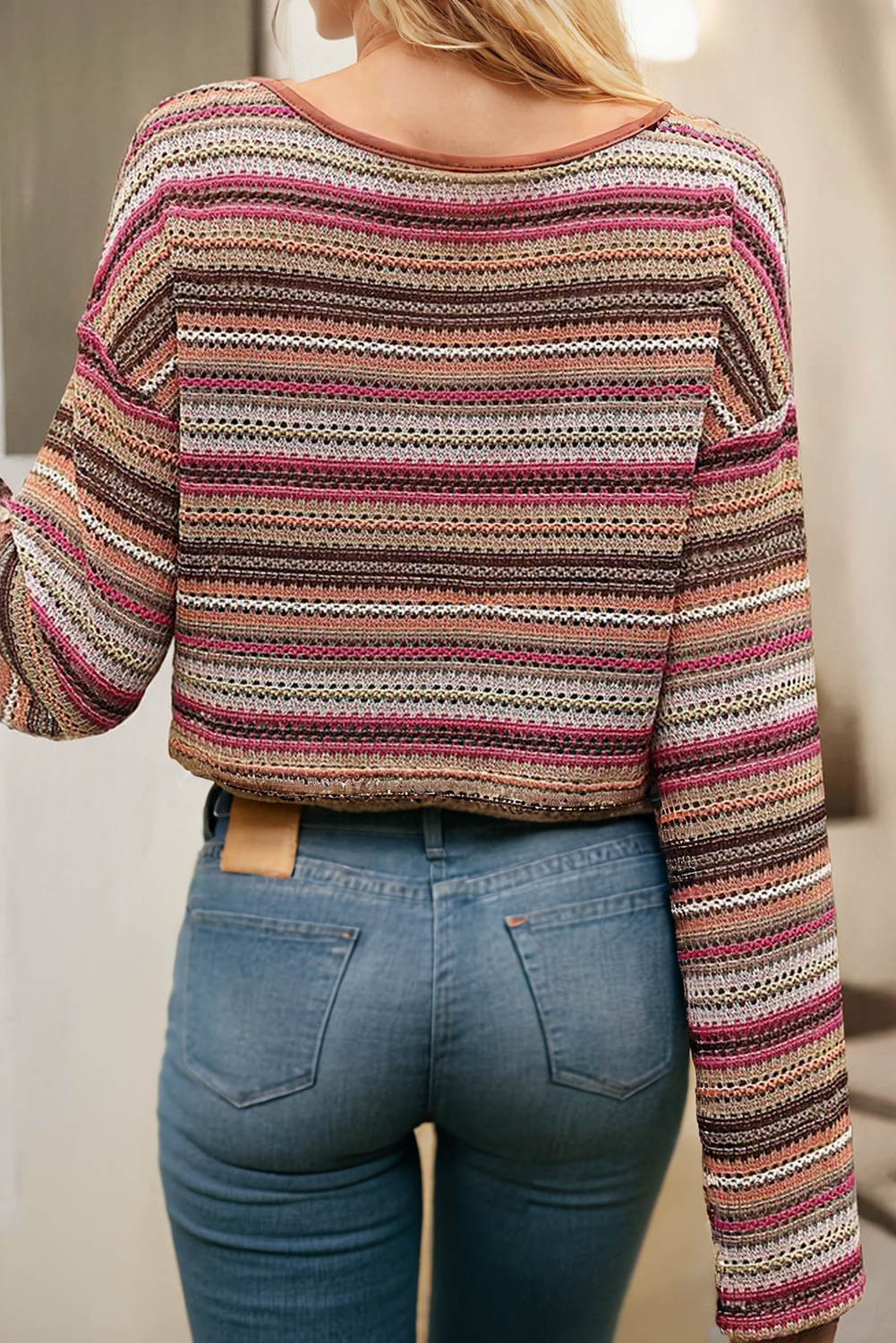 LDC Ethnic Striped Wide Cropped Long Sleeve Top: Rose Red / L