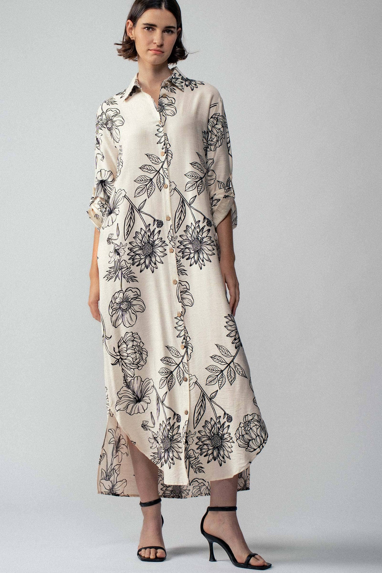 Relaxed Collared Button-Down Maxi Summer Dress: BLACK / S-2/M-2/L-2