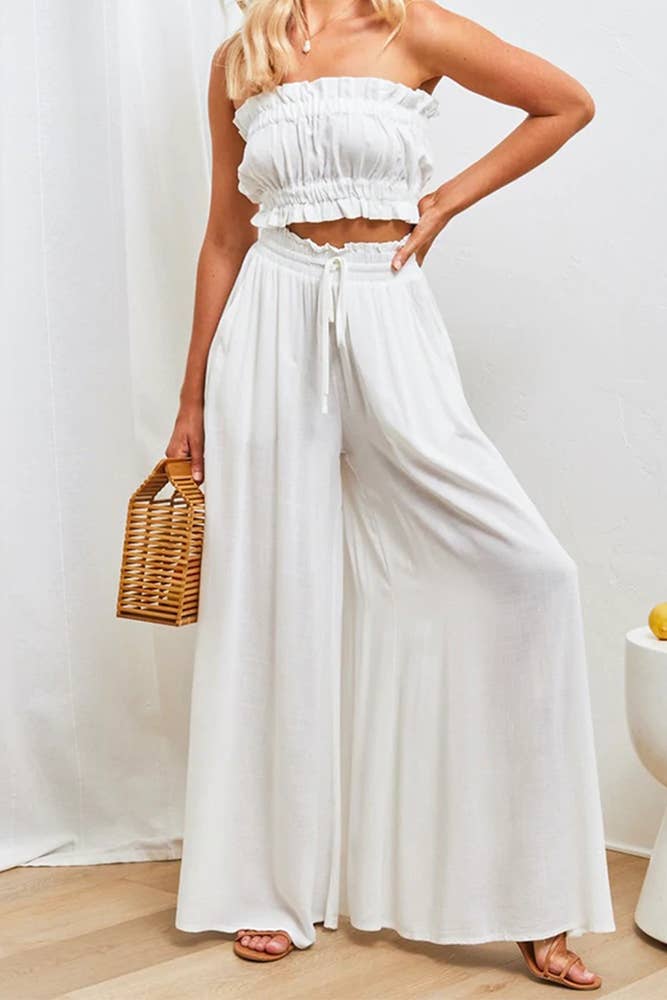 High Waist Wide Leg Pants With Drawstring BTMW245: Black / XL